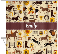 Thumbnail for Personalized Horses Shower Curtain VI - Steeplechase - Ribbon Nameplate - Hanging View