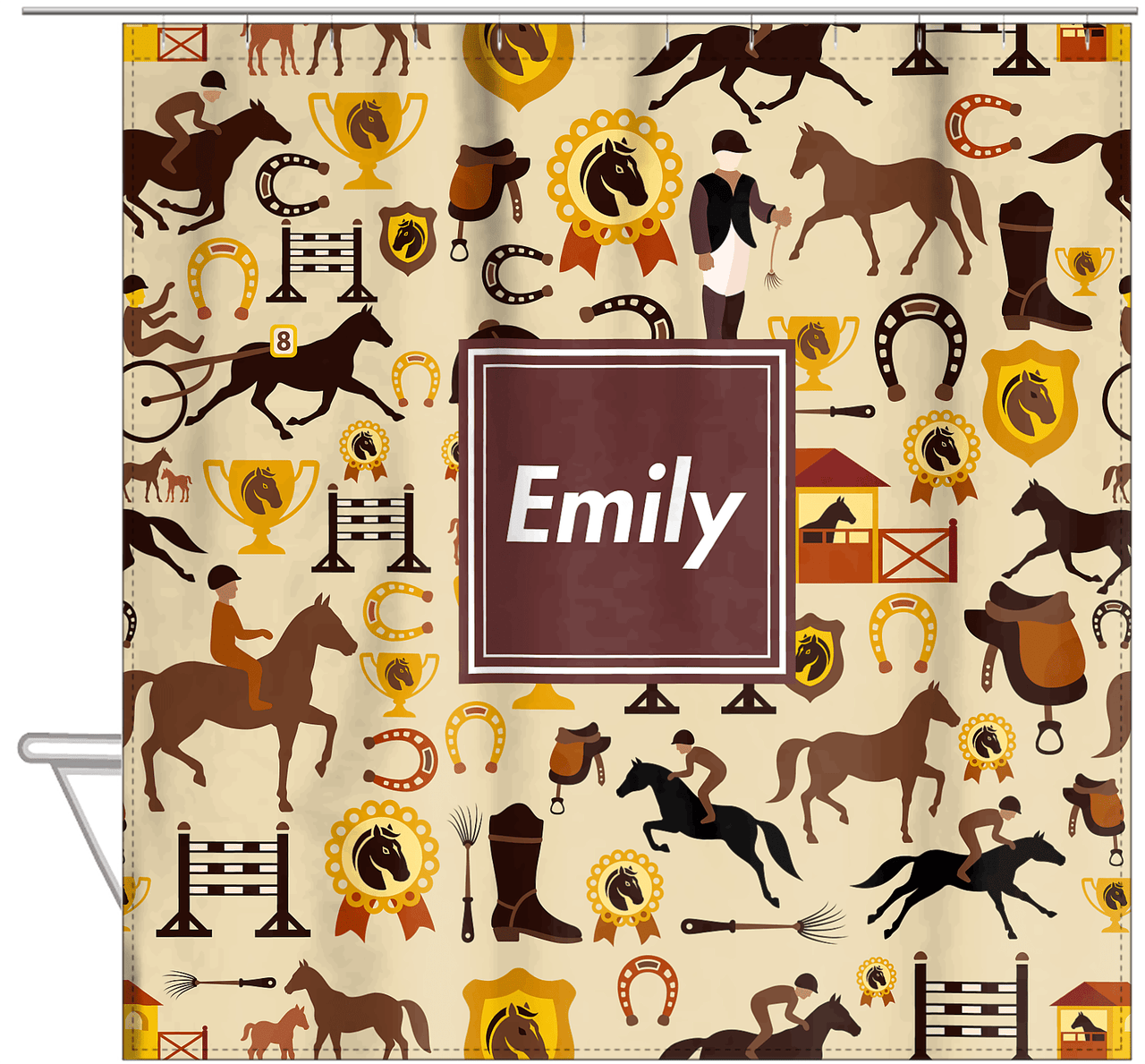 Personalized Horses Shower Curtain VI - Steeplechase - Square Nameplate - Hanging View