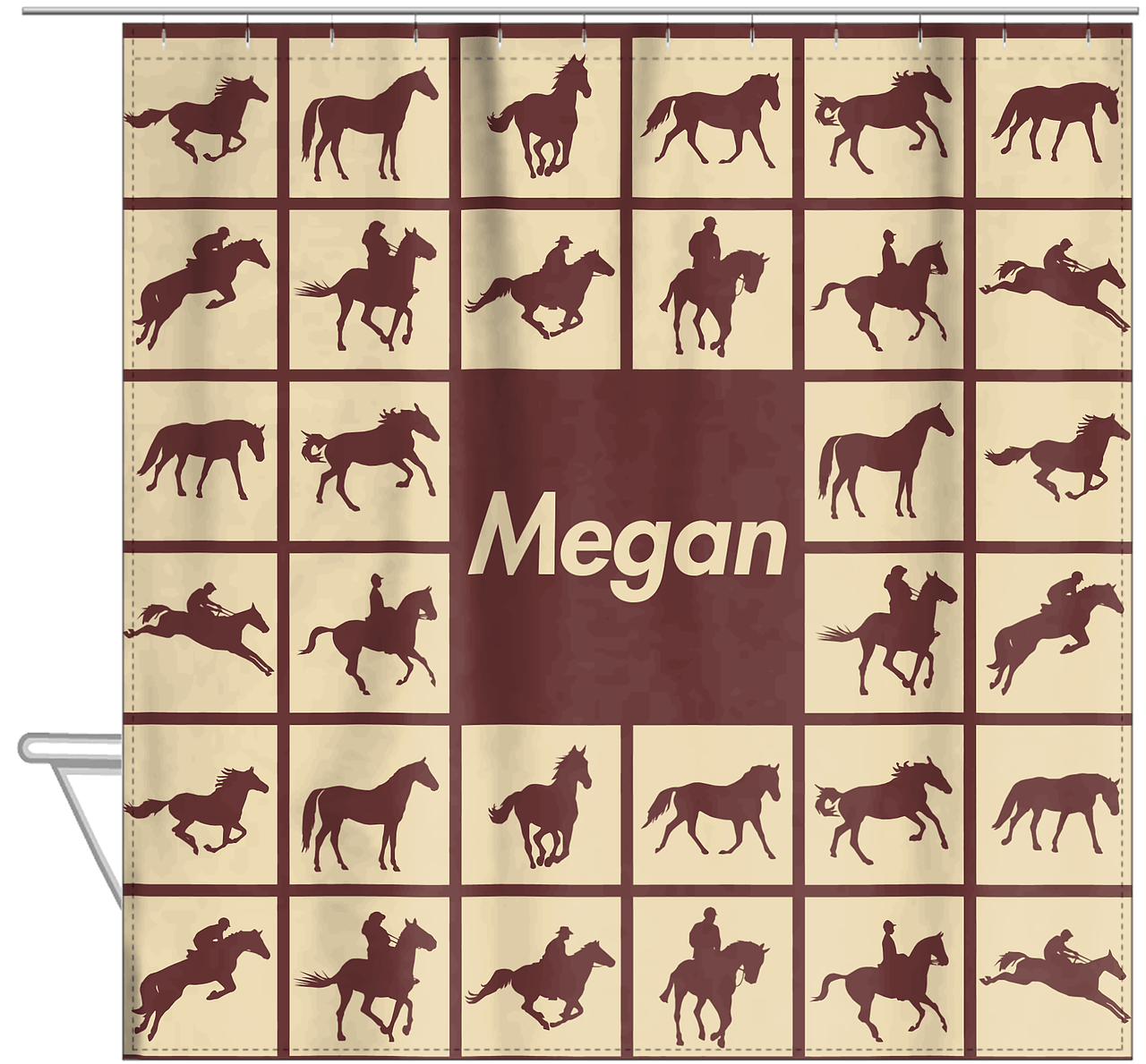 Personalized Horses Shower Curtain VII - Horses Squared - Brown Background - Hanging View