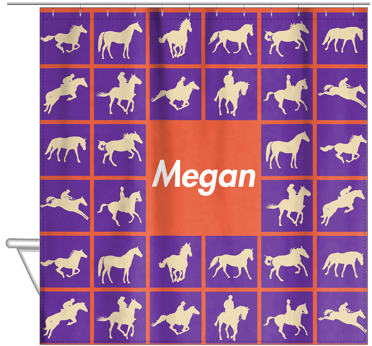 Personalized Horses Shower Curtain VII - Horses Squared - Purple Background - Hanging View
