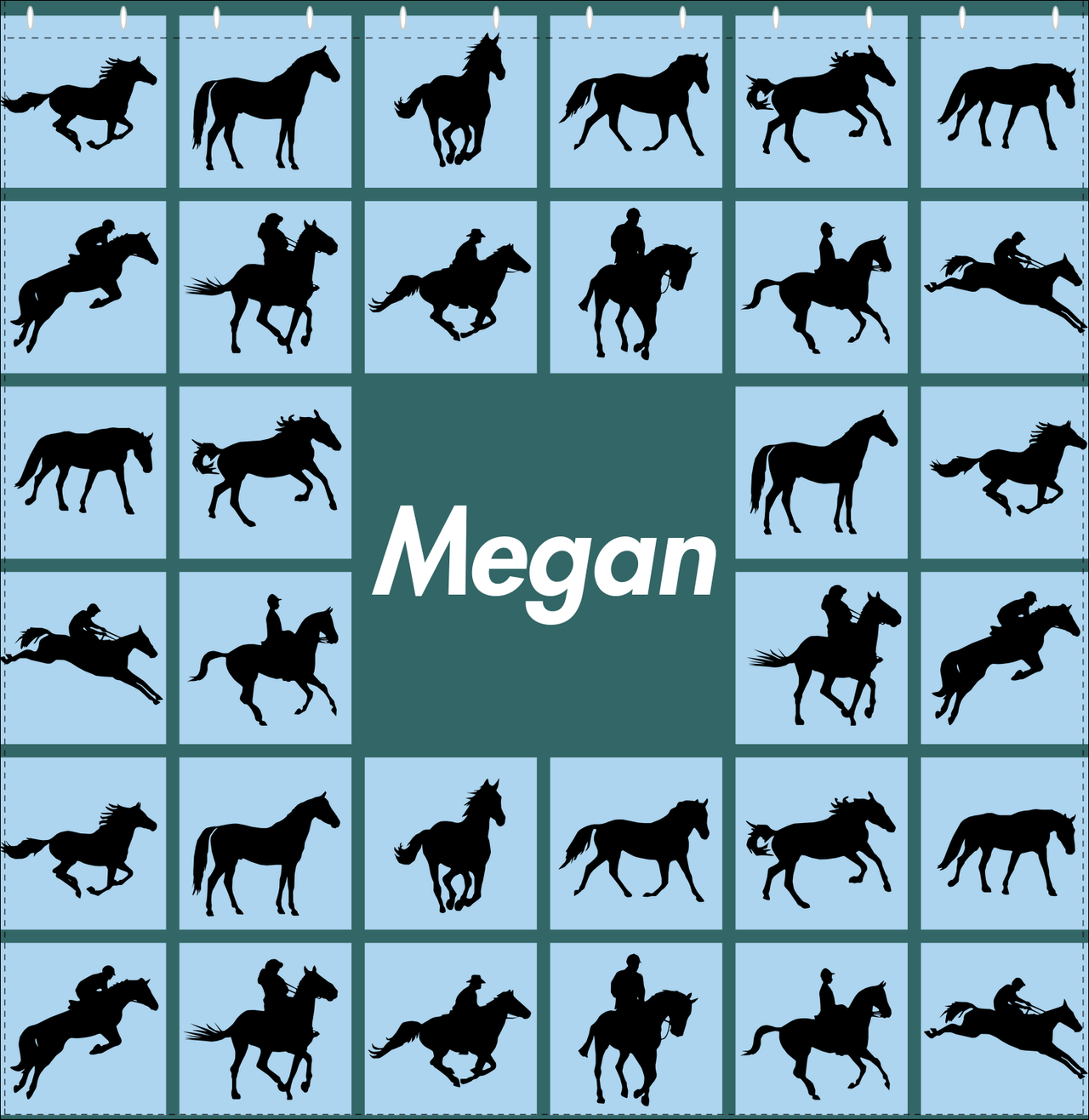 Personalized Horses Shower Curtain VII - Horses Squared - Blue Background - Decorate View