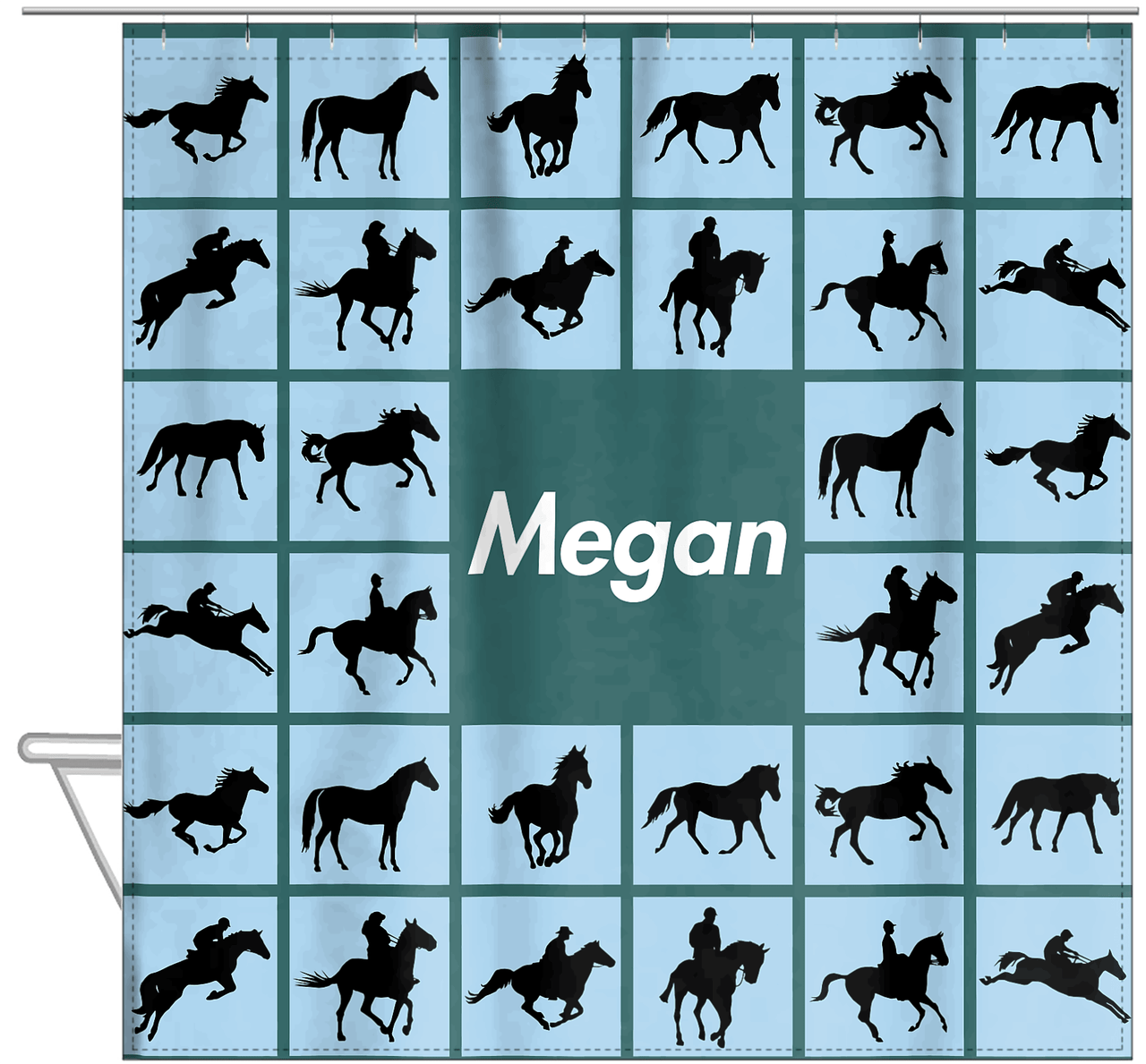 Personalized Horses Shower Curtain VII - Horses Squared - Blue Background - Hanging View