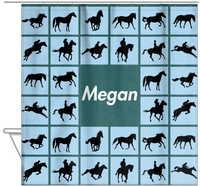 Thumbnail for Personalized Horses Shower Curtain VII - Horses Squared - Blue Background - Hanging View