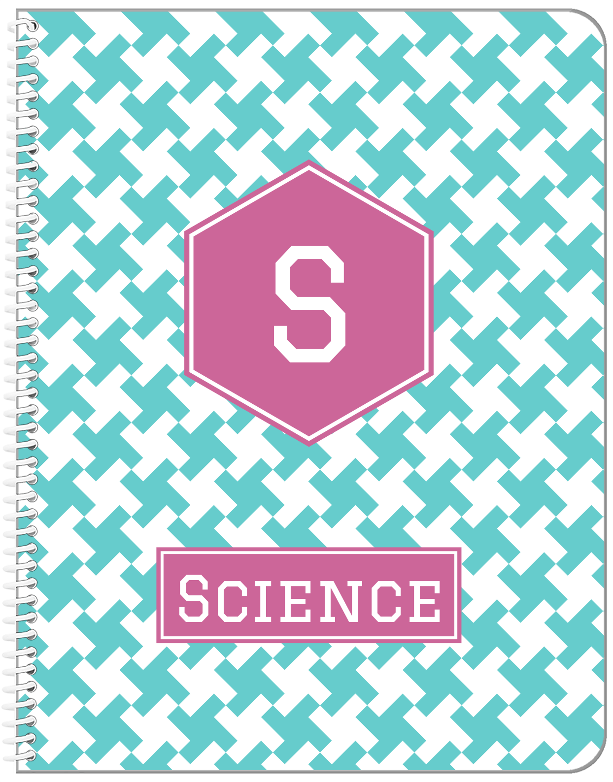 Personalized Houndstooth II Notebook - Teal and Orchid - Hexagon Nameplate - Front View