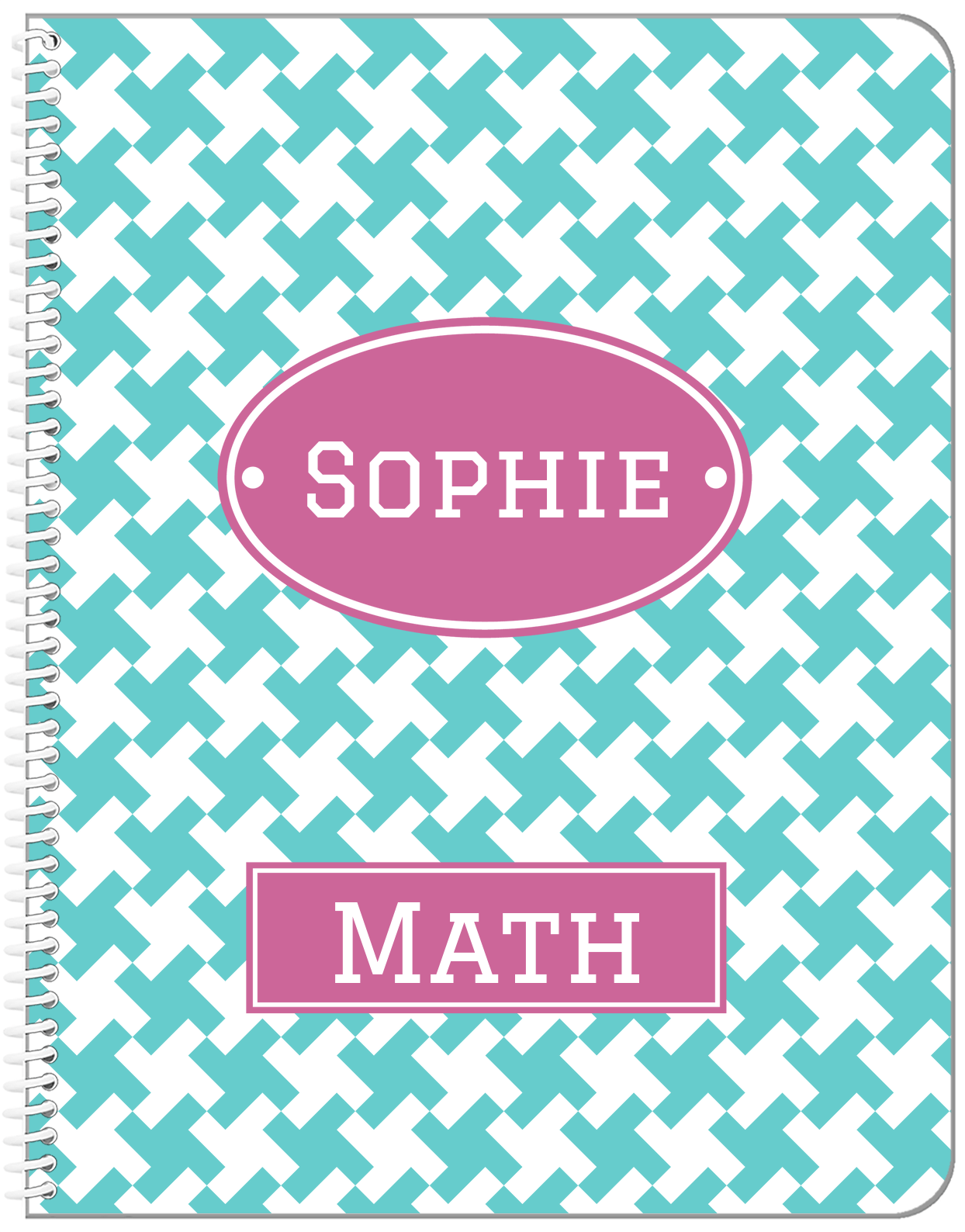 Personalized Houndstooth II Notebook - Teal and Orchid - Oval Nameplate - Front View
