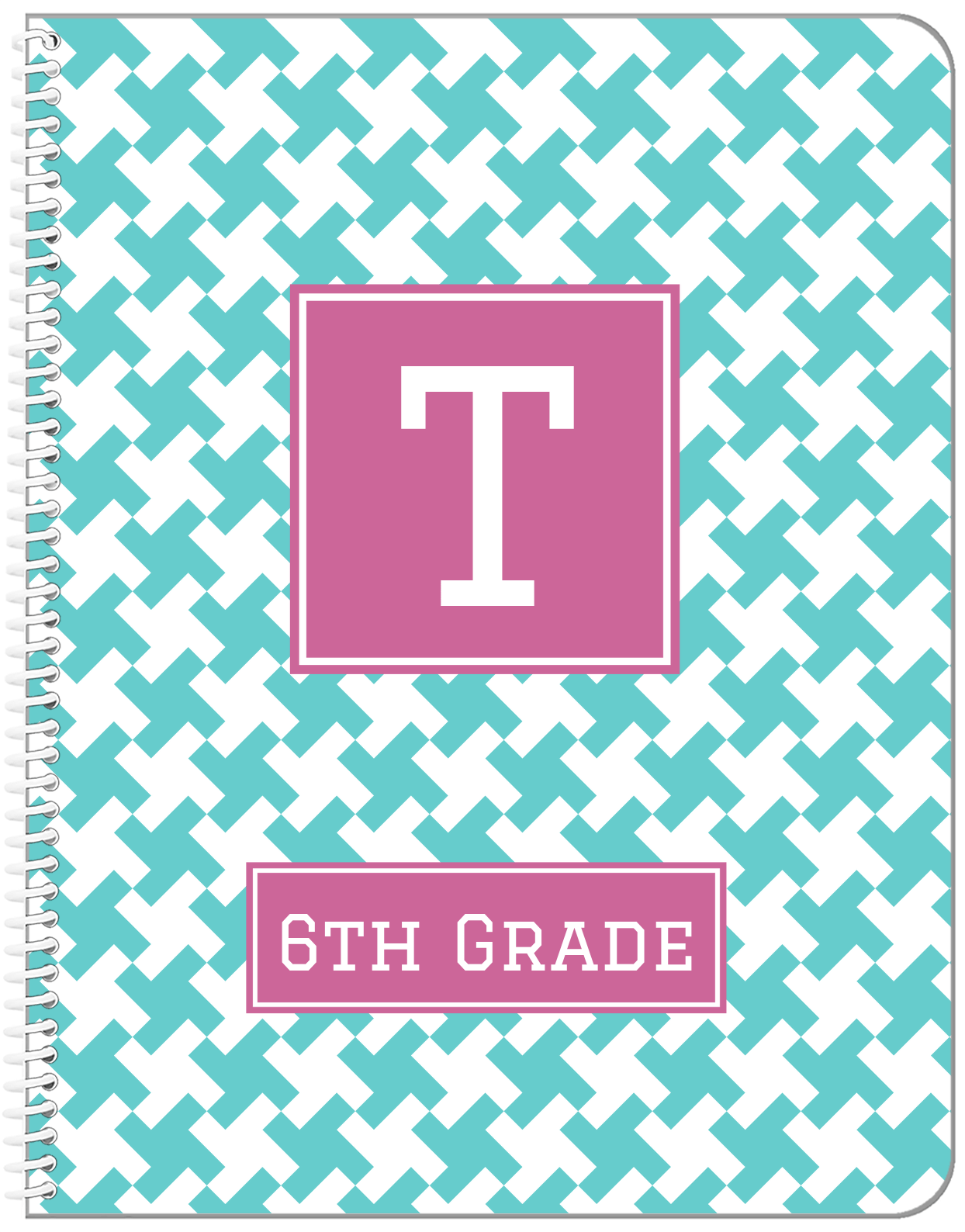 Personalized Houndstooth II Notebook - Teal and Orchid - Square Nameplate - Front View