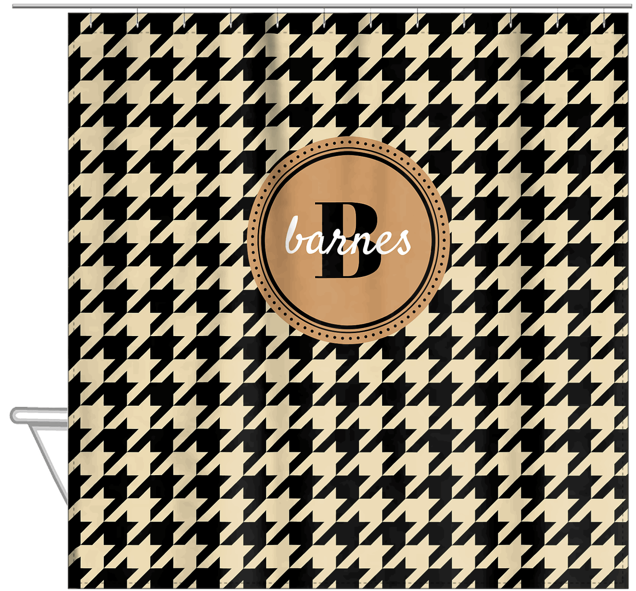 Personalized Houndstooth I Shower Curtain - Tan and Black - Circle Nameplate - Hanging View