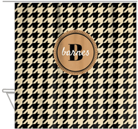 Thumbnail for Personalized Houndstooth I Shower Curtain - Tan and Black - Circle Nameplate - Hanging View
