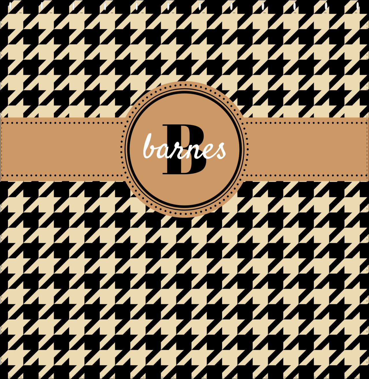 Personalized Houndstooth I Shower Curtain - Tan and Black - Circle Ribbon Nameplate - Decorate View