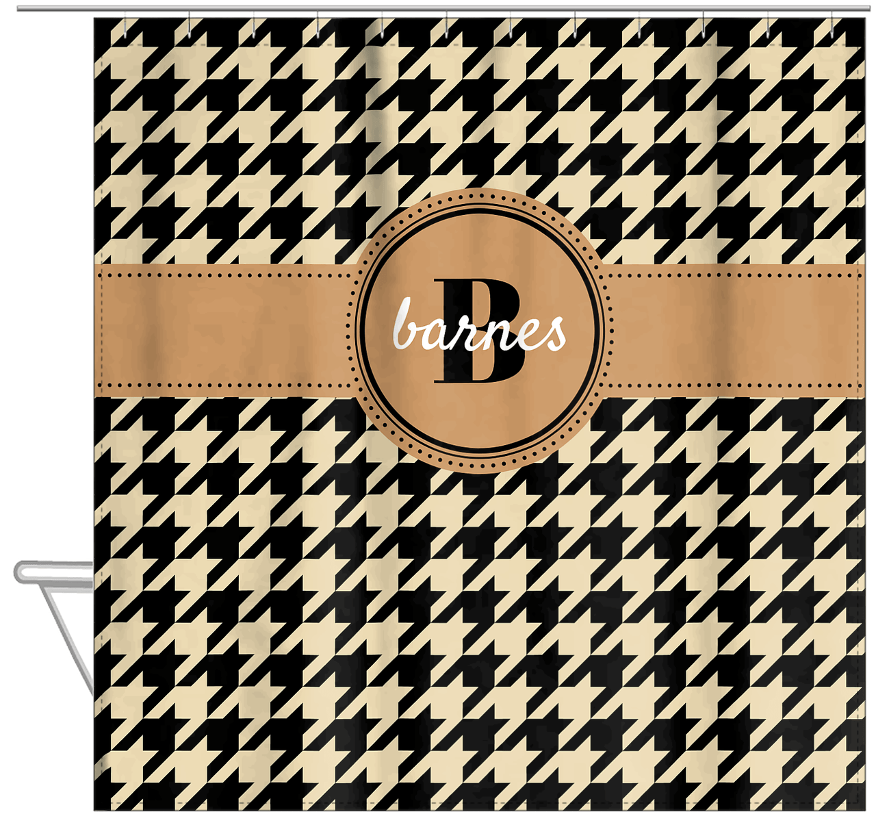 Personalized Houndstooth I Shower Curtain - Tan and Black - Circle Ribbon Nameplate - Hanging View