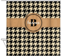 Thumbnail for Personalized Houndstooth I Shower Curtain - Tan and Black - Circle Ribbon Nameplate - Hanging View
