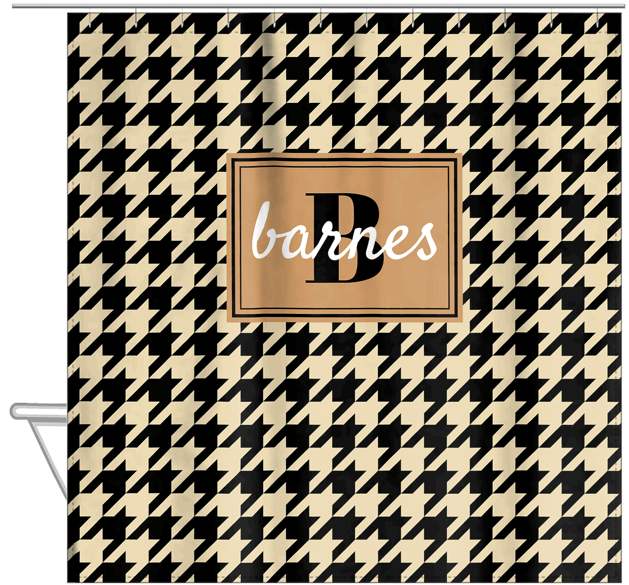 Personalized Houndstooth I Shower Curtain - Tan and Black - Rectangle Nameplate - Hanging View