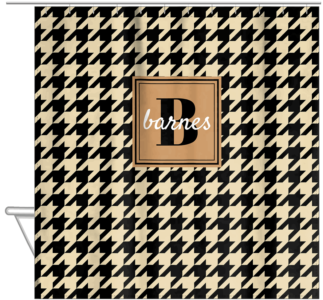 Personalized Houndstooth I Shower Curtain - Tan and Black - Square Nameplate - Hanging View