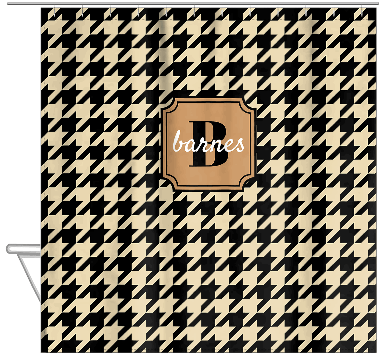 Personalized Houndstooth I Shower Curtain - Tan and Black - Stamp Nameplate - Hanging View