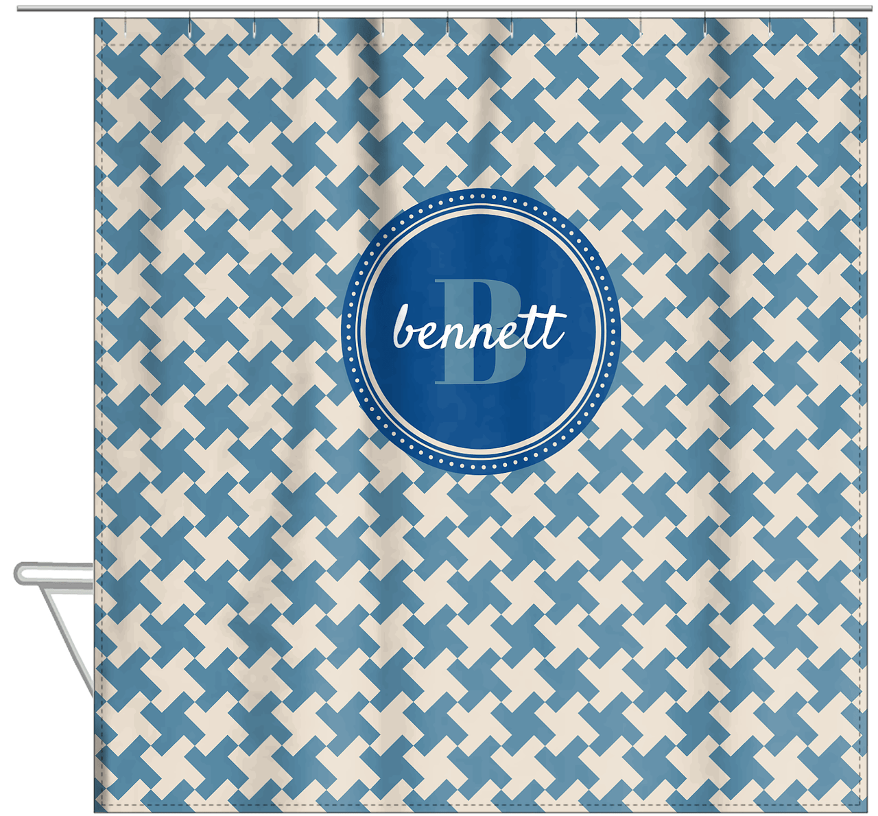 Personalized Houndstooth II Shower Curtain - Blue - Circle Nameplate - Hanging View