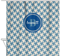 Thumbnail for Personalized Houndstooth II Shower Curtain - Blue - Circle Nameplate - Hanging View