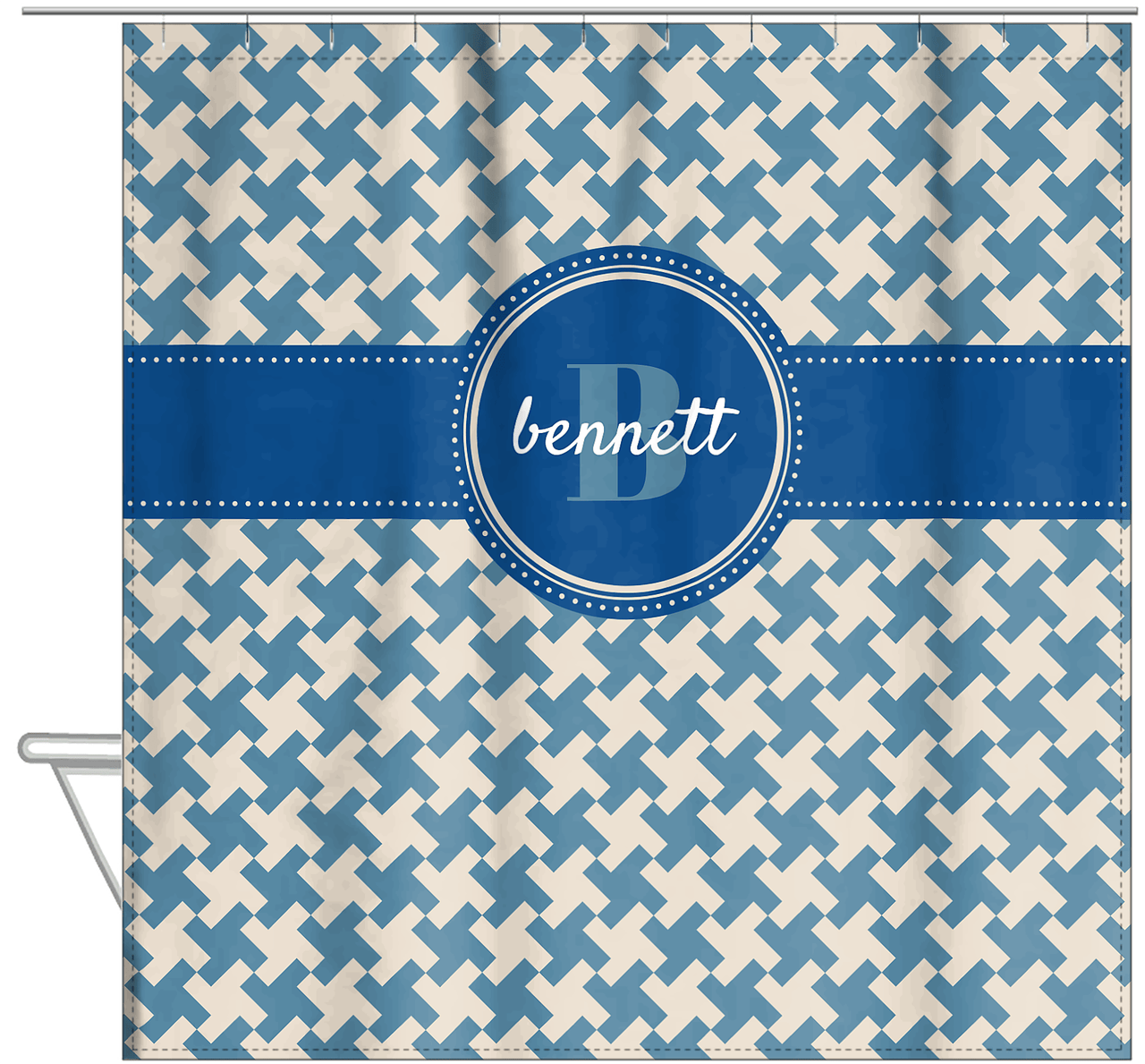 Personalized Houndstooth II Shower Curtain - Blue - Circle Ribbon Nameplate - Hanging View