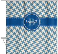 Thumbnail for Personalized Houndstooth II Shower Curtain - Blue - Circle Ribbon Nameplate - Hanging View