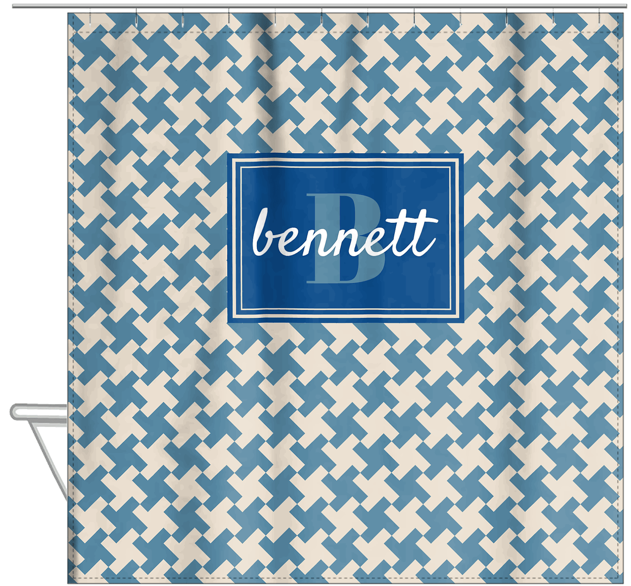 Personalized Houndstooth II Shower Curtain - Blue - Rectangle Nameplate - Hanging View