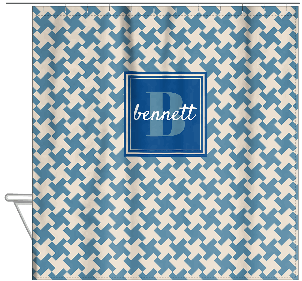 Personalized Houndstooth II Shower Curtain - Blue - Square Nameplate - Hanging View