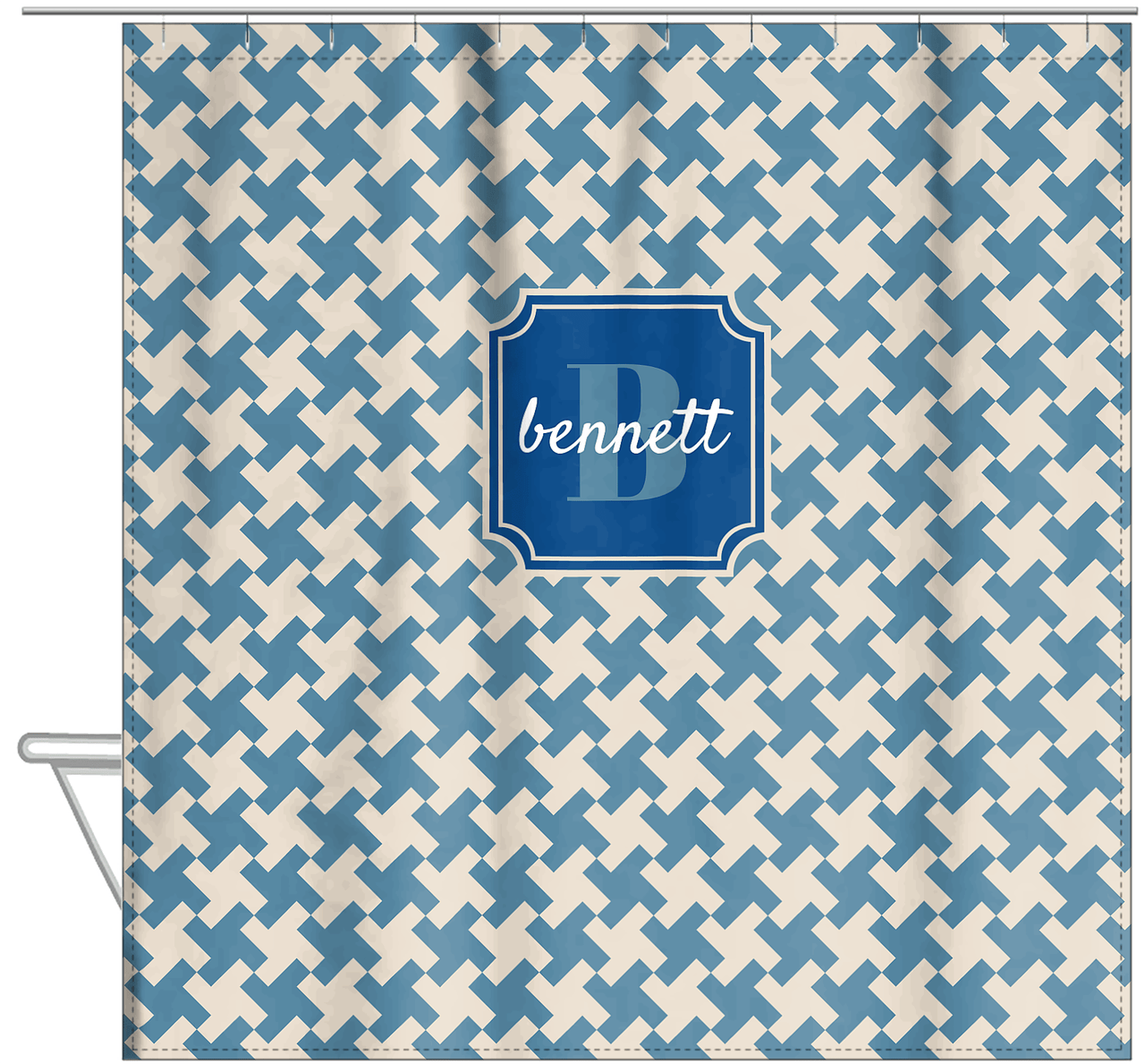 Personalized Houndstooth II Shower Curtain - Blue - Stamp Nameplate - Hanging View