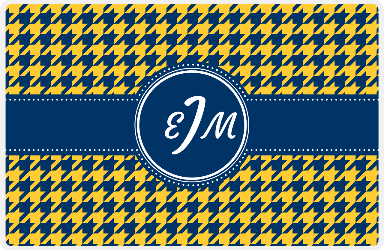 Personalized Houndstooth Placemat - Navy and Mustard - Navy Circle Frame with Ribbon -  View