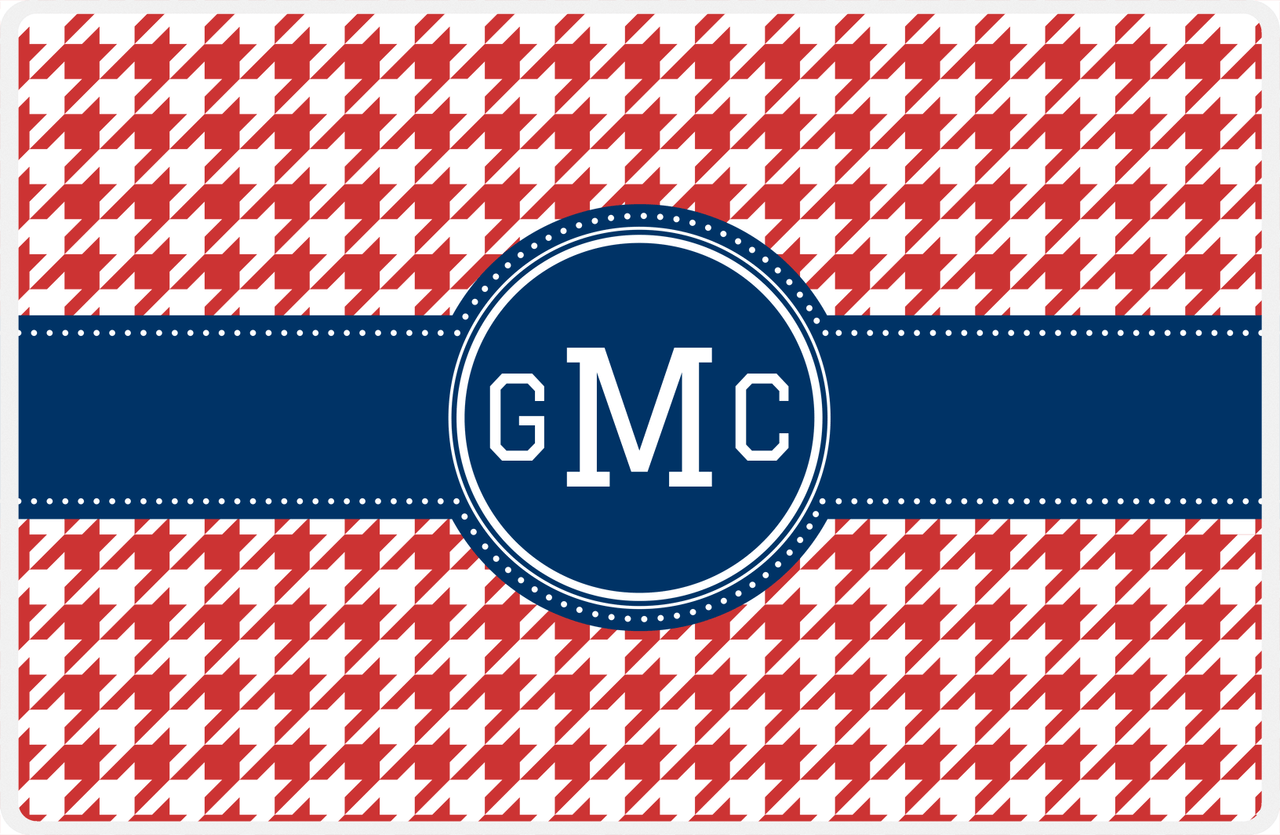 Personalized Houndstooth Placemat - Cherry Red and White - Navy Circle Frame with Ribbon -  View