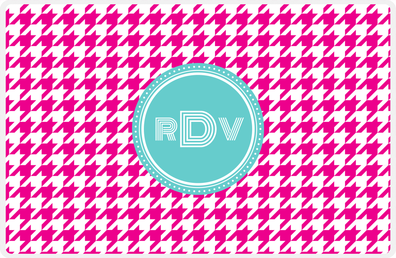 Personalized Houndstooth Placemat - Hot Pink and White - Viking Blue Circle Frame -  View