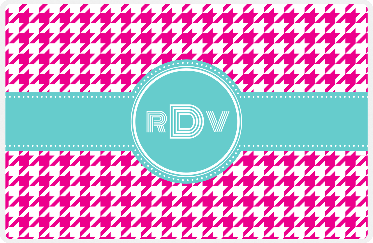 Personalized Houndstooth Placemat - Hot Pink and White - Viking Blue Circle Frame with Ribbon -  View