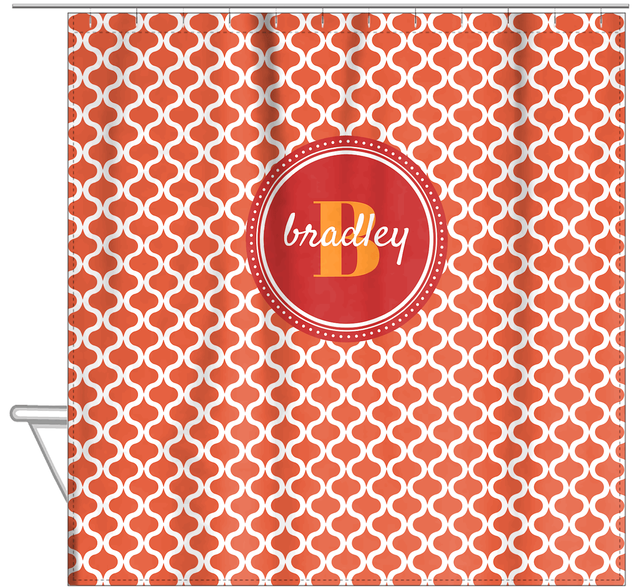 Personalized Hourglass Shower Curtain - Orange - Circle Nameplate - Hanging View