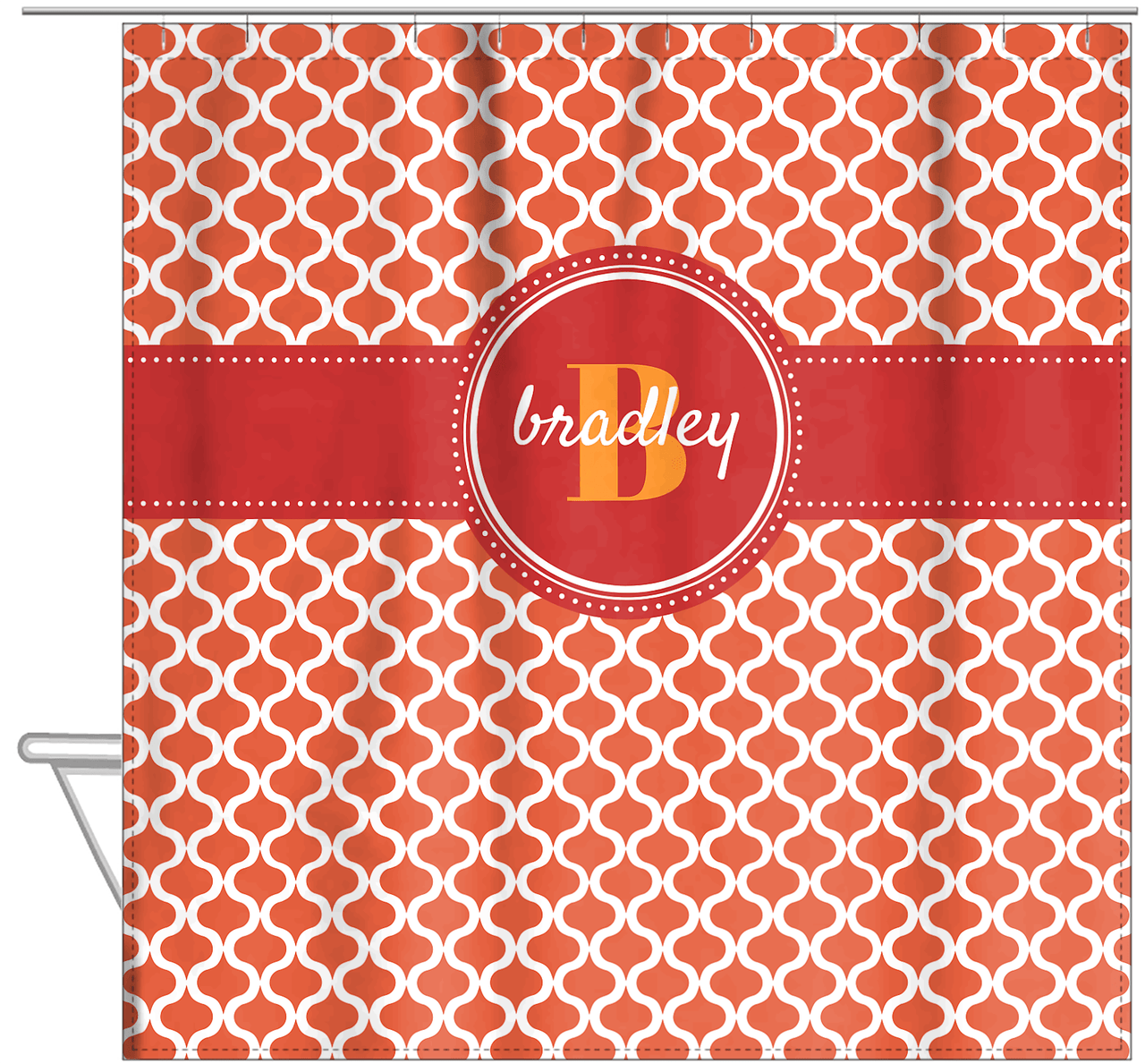 Personalized Hourglass Shower Curtain - Orange - Circle Ribbon Nameplate - Hanging View