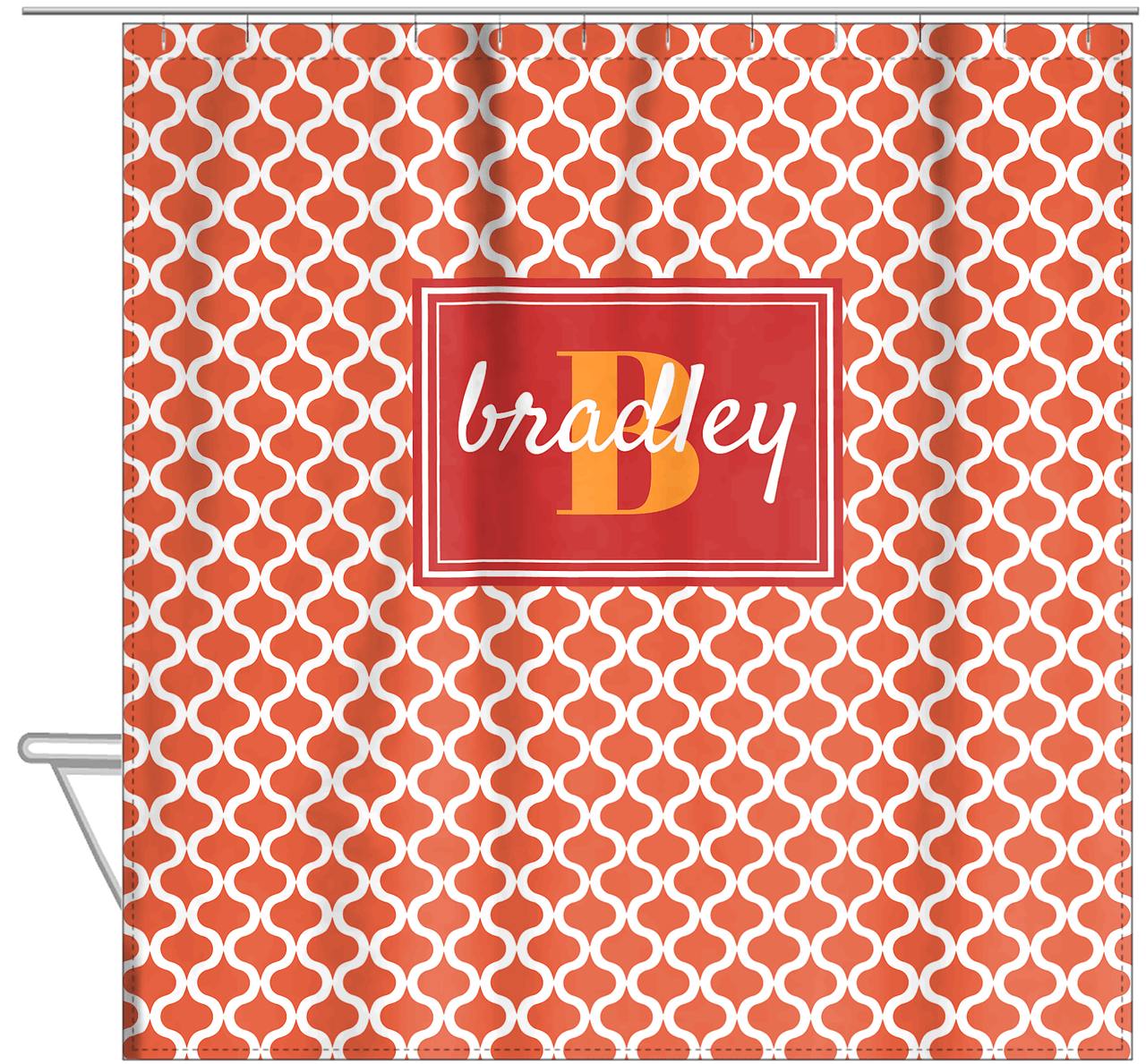 Personalized Hourglass Shower Curtain - Orange - Rectangle Nameplate - Hanging View