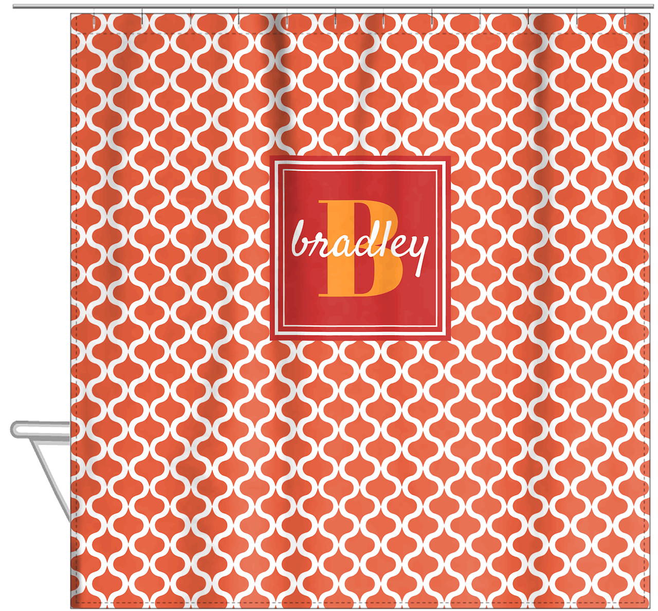Personalized Hourglass Shower Curtain - Orange - Square Nameplate - Hanging View