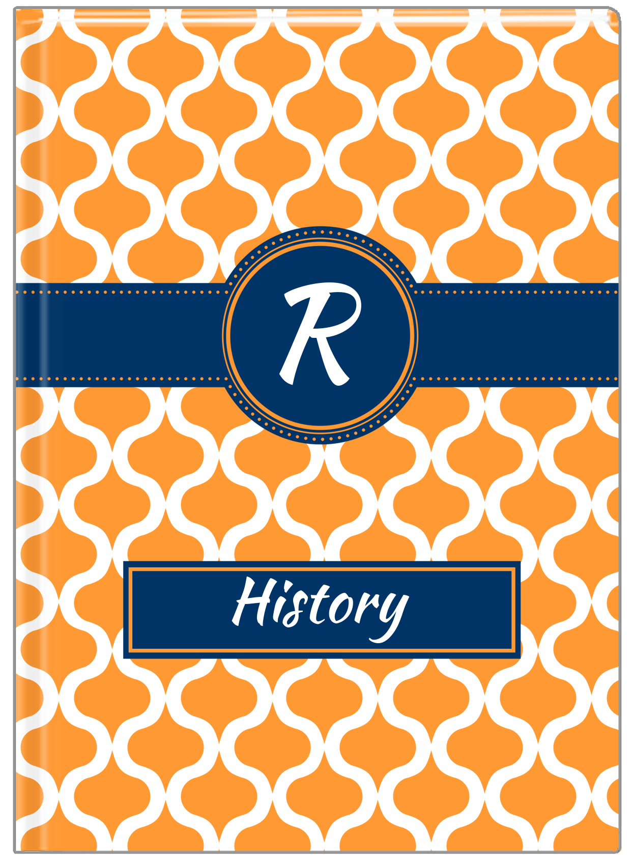 Personalized Hourglass Journal - Orange and Blue - Circle Ribbon Nameplate - Front View