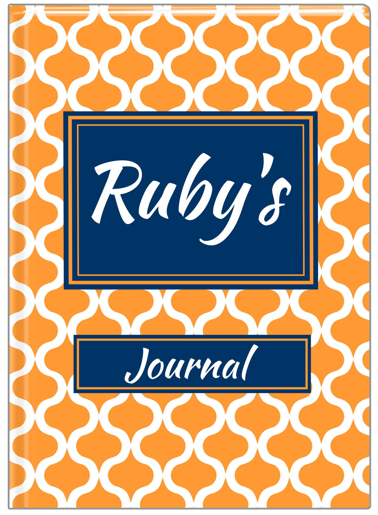 Personalized Hourglass Journal - Orange and Blue - Rectangle Nameplate - Front View