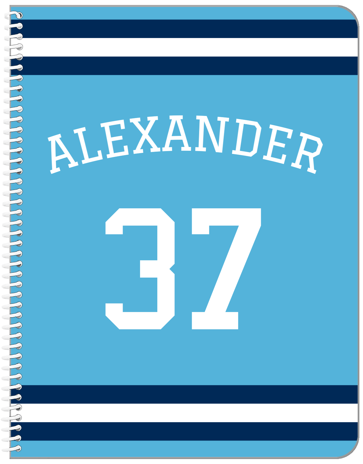 Personalized Jersey Number Notebook with Arched Name - Blue and Navy - Single Stripe - Front View