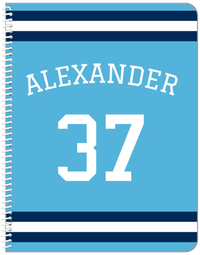 Thumbnail for Personalized Jersey Number Notebook with Arched Name - Blue and Navy - Single Stripe - Front View