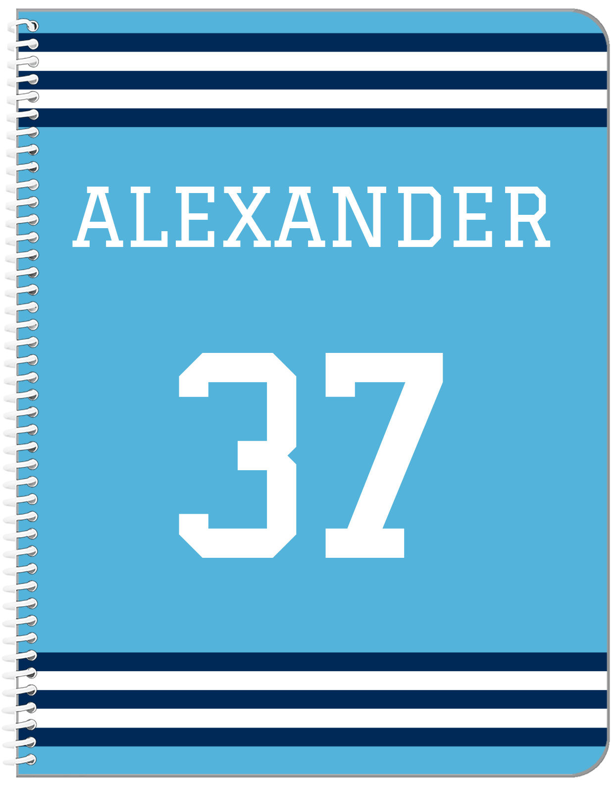 Personalized Jersey Number Notebook - Blue and Navy - Double Stripe - Front View