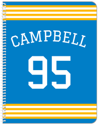 Thumbnail for Personalized Jersey Number Notebook with Arched Name - Blue and Gold - Triple Stripe - Front View