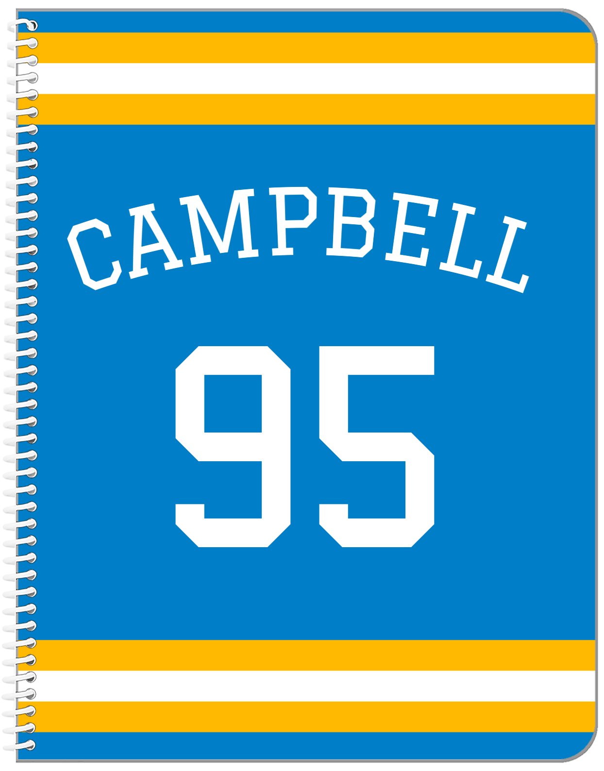 Personalized Jersey Number Notebook with Arched Name - Blue and Gold - Single Stripe - Front View