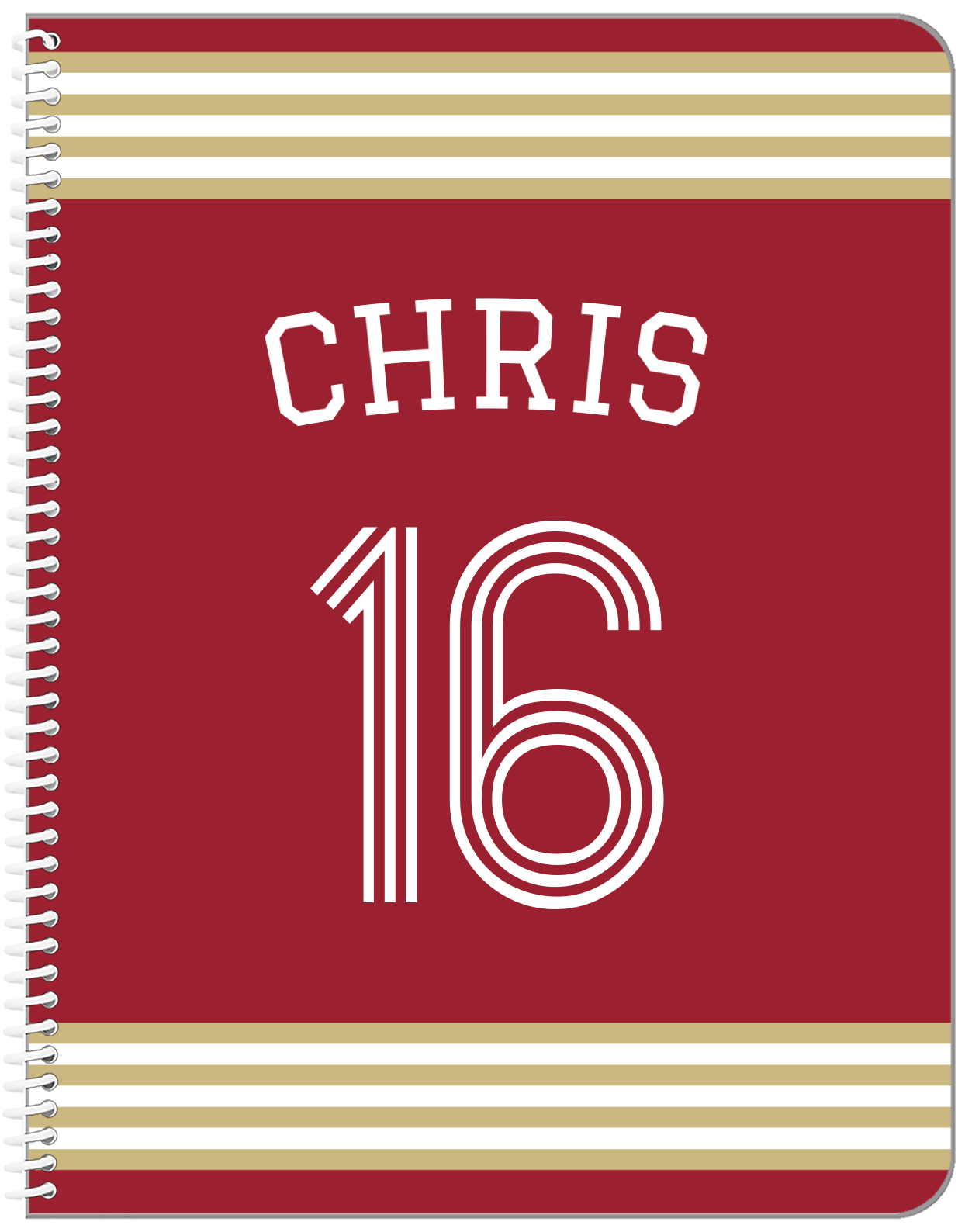 Personalized Jersey Number Notebook with Arched Name - Red and Gold - Triple Stripe - Front View