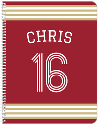 Thumbnail for Personalized Jersey Number Notebook with Arched Name - Red and Gold - Triple Stripe - Front View