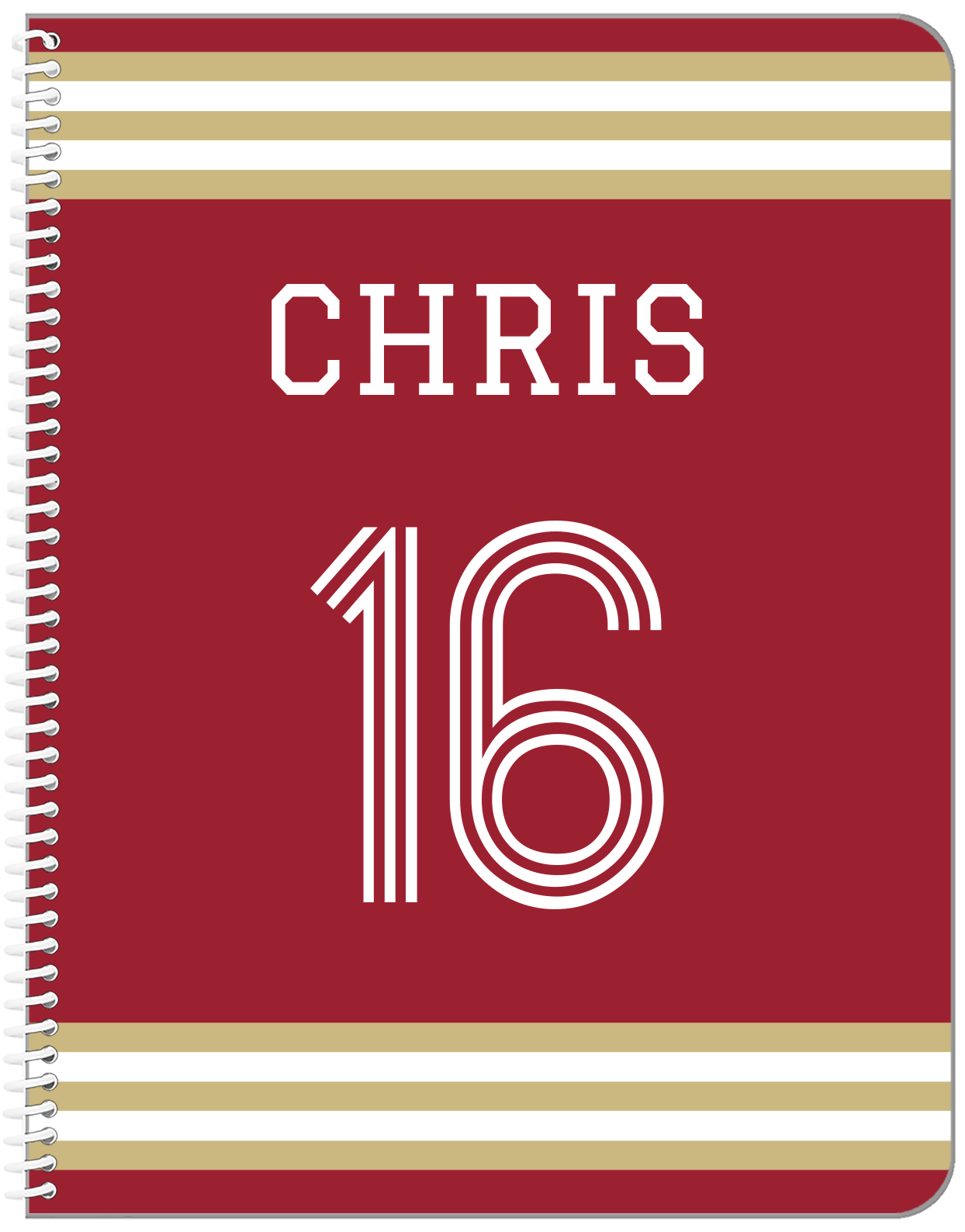 Personalized Jersey Number Notebook - Red and Gold - Double Stripe - Front View
