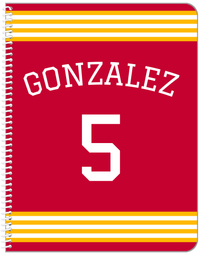 Thumbnail for Personalized Jersey Number Notebook with Arched Name - Red and Yellow - Triple Stripe - Front View