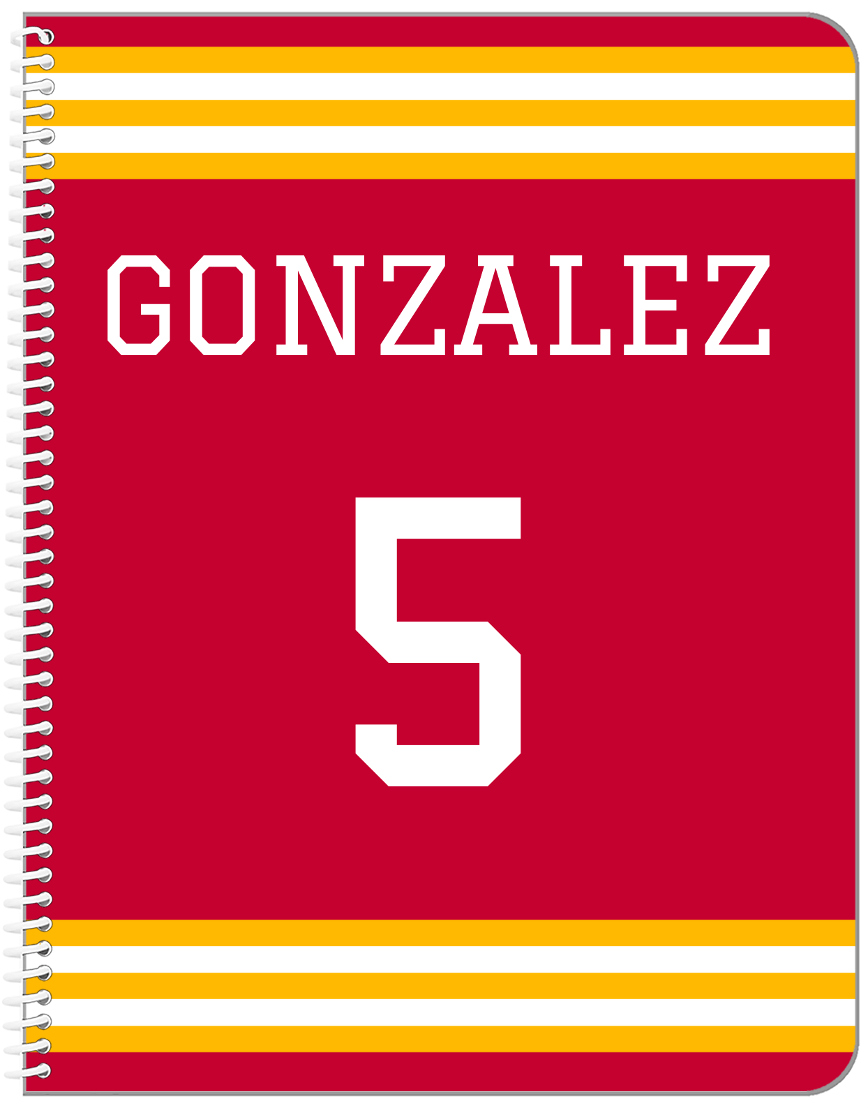Personalized Jersey Number Notebook - Red and Yellow - Double Stripe - Front View