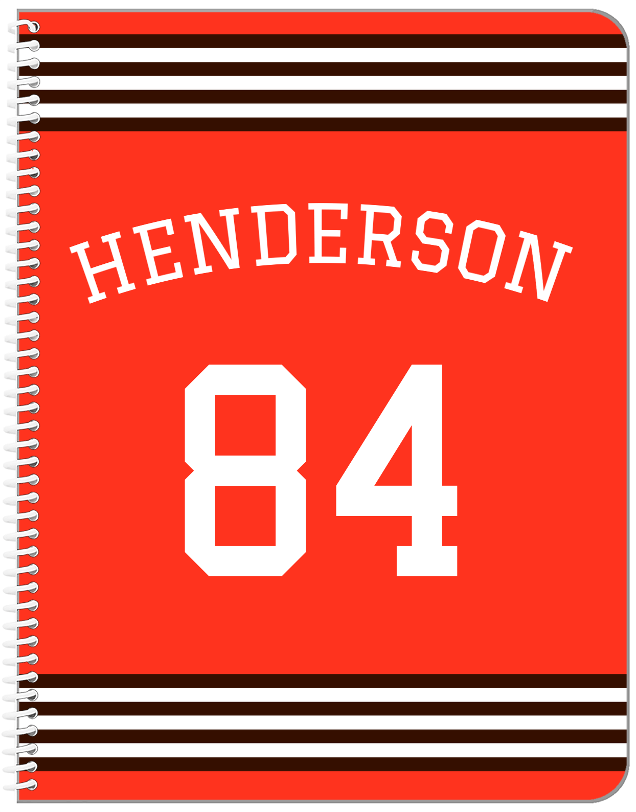 Personalized Jersey Number Notebook with Arched Name - Orange and Brown - Triple Stripe - Front View