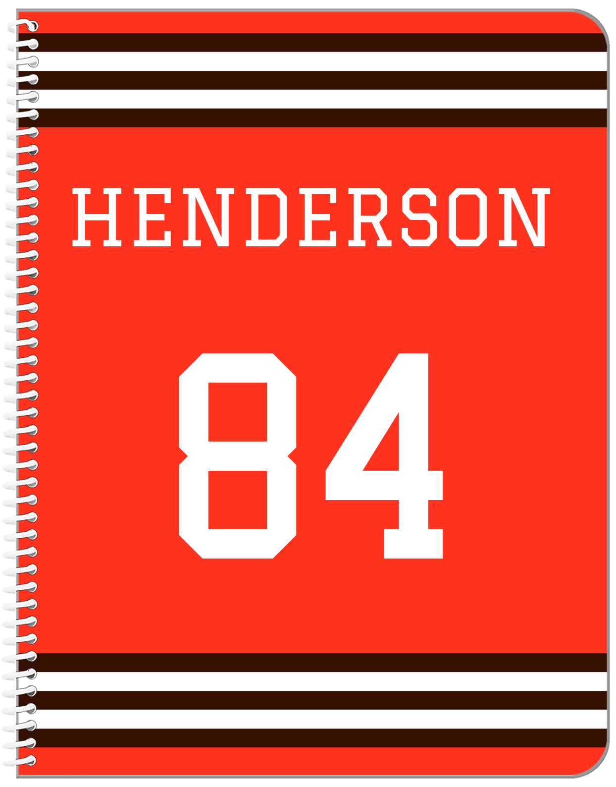 Personalized Jersey Number Notebook - Orange and Brown - Double Stripe - Front View