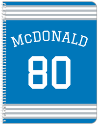 Thumbnail for Personalized Jersey Number Notebook with Arched Name - Blue and Grey - Triple Stripe - Front View