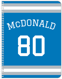 Thumbnail for Personalized Jersey Number Notebook with Arched Name - Blue and Grey - Single Stripe - Front View
