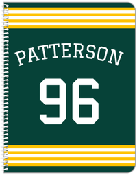 Thumbnail for Personalized Jersey Number Notebook with Arched Name - Green and Yellow - Triple Stripe - Front View